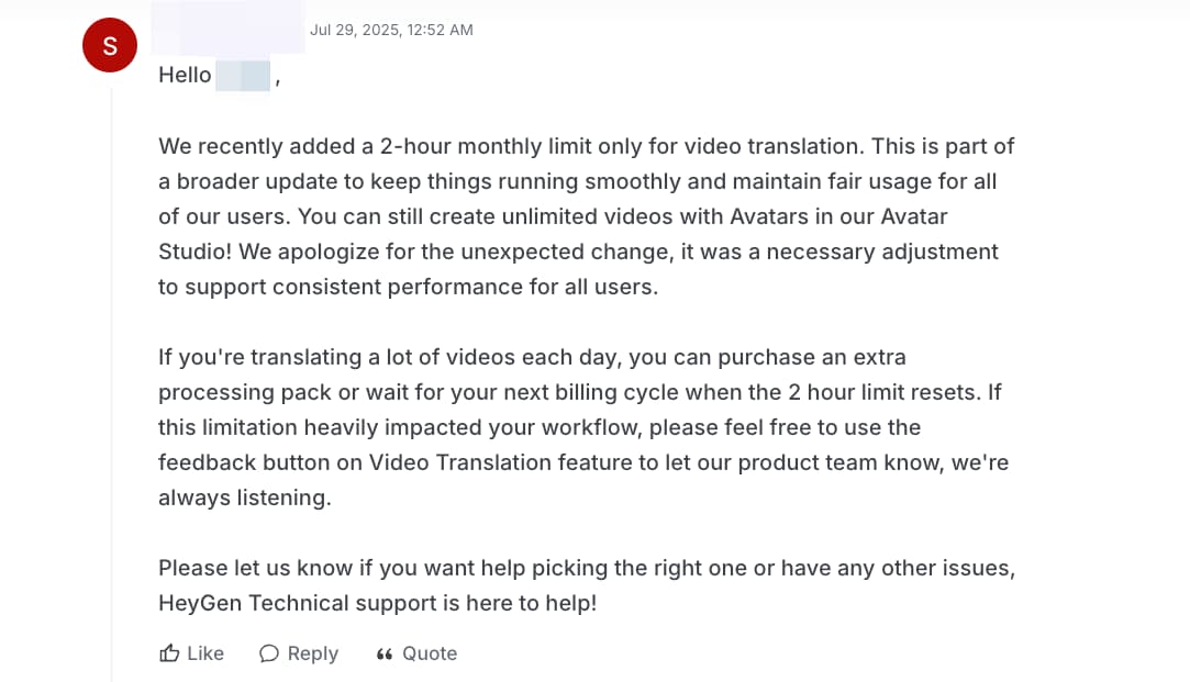 Heygen Official Reply